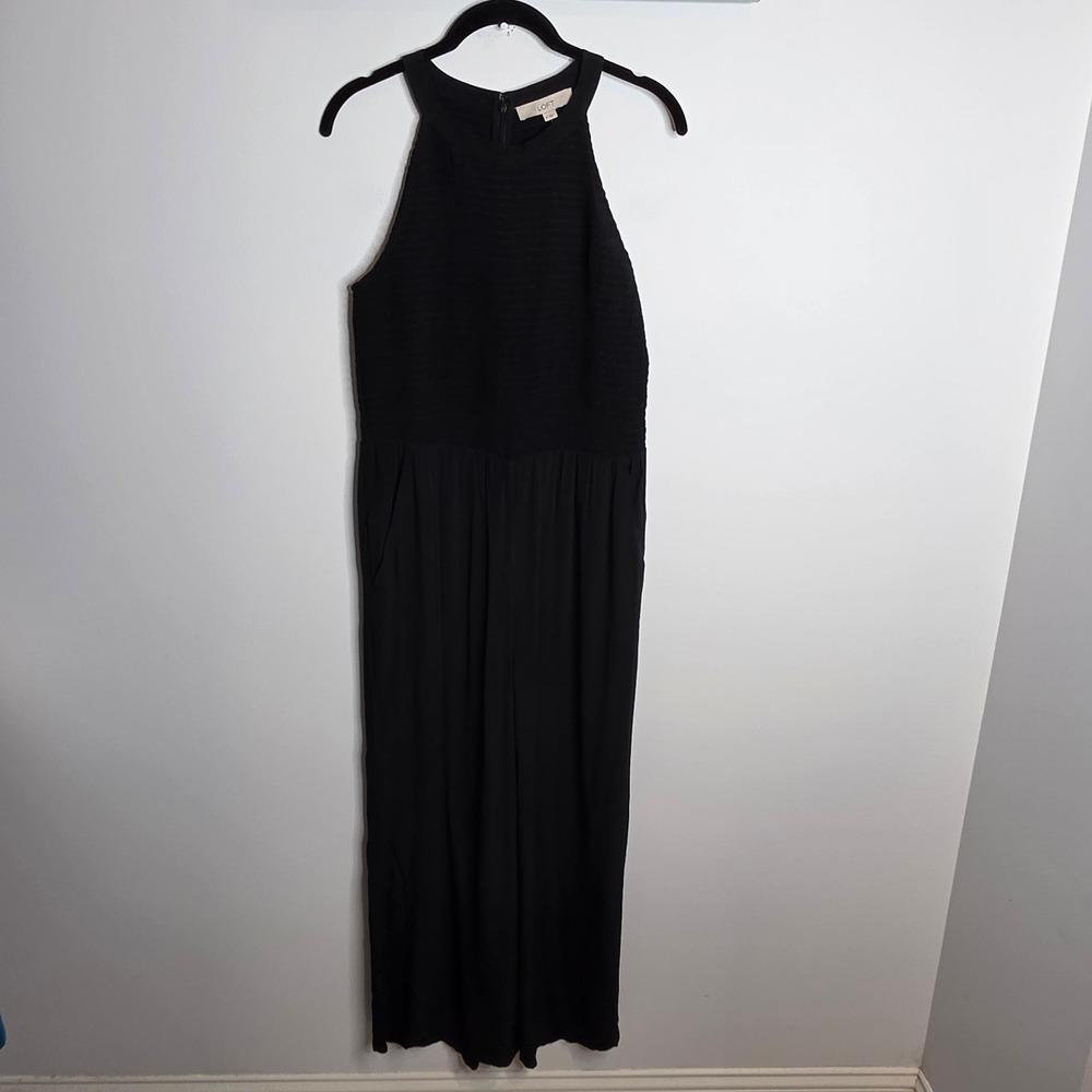 LOFT NWT Jumpsuit Womens 4 Black Smocked Halter Sleeveless Wide Leg